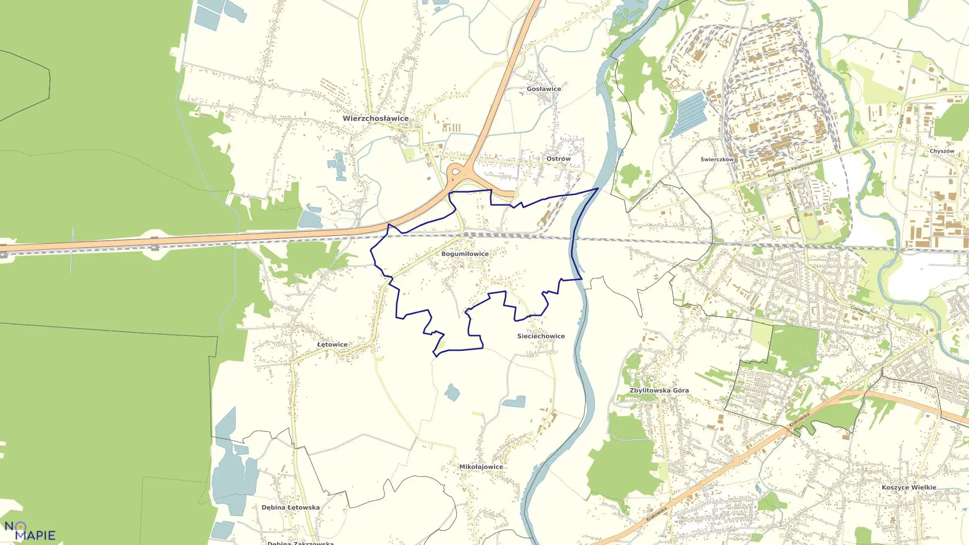 Mapa obrębu Bogumiłowice w gminie Wierzchosławice