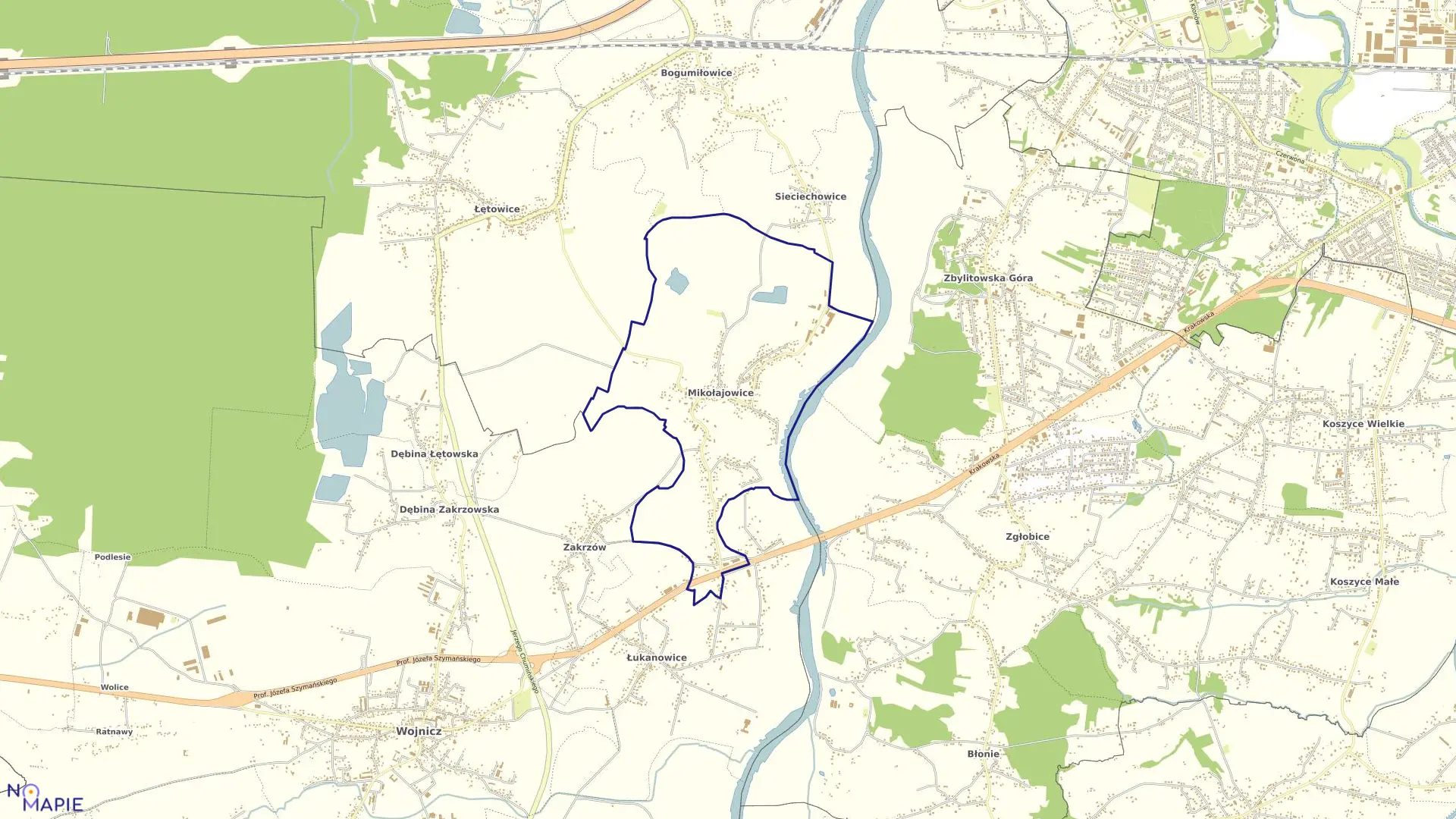 Mapa obrębu Mikołajowice w gminie Wierzchosławice
